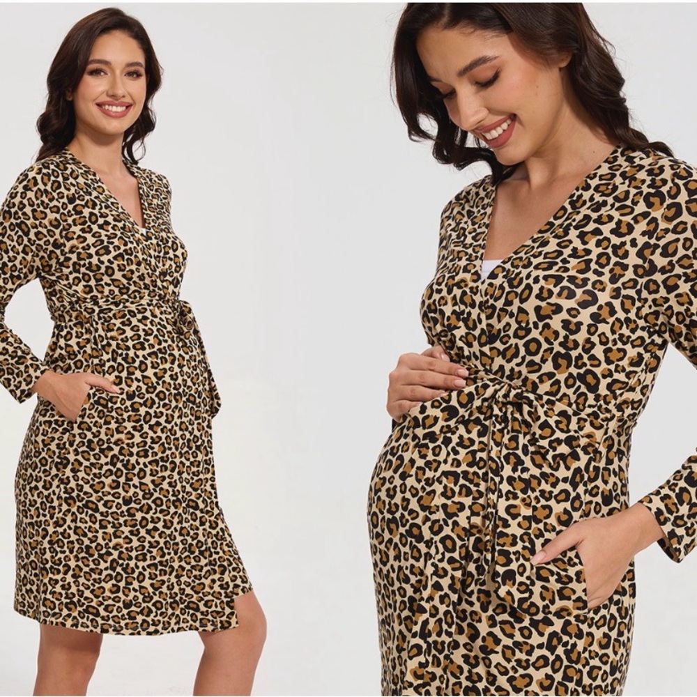 New Leopard Print Maternity Wrap Dress